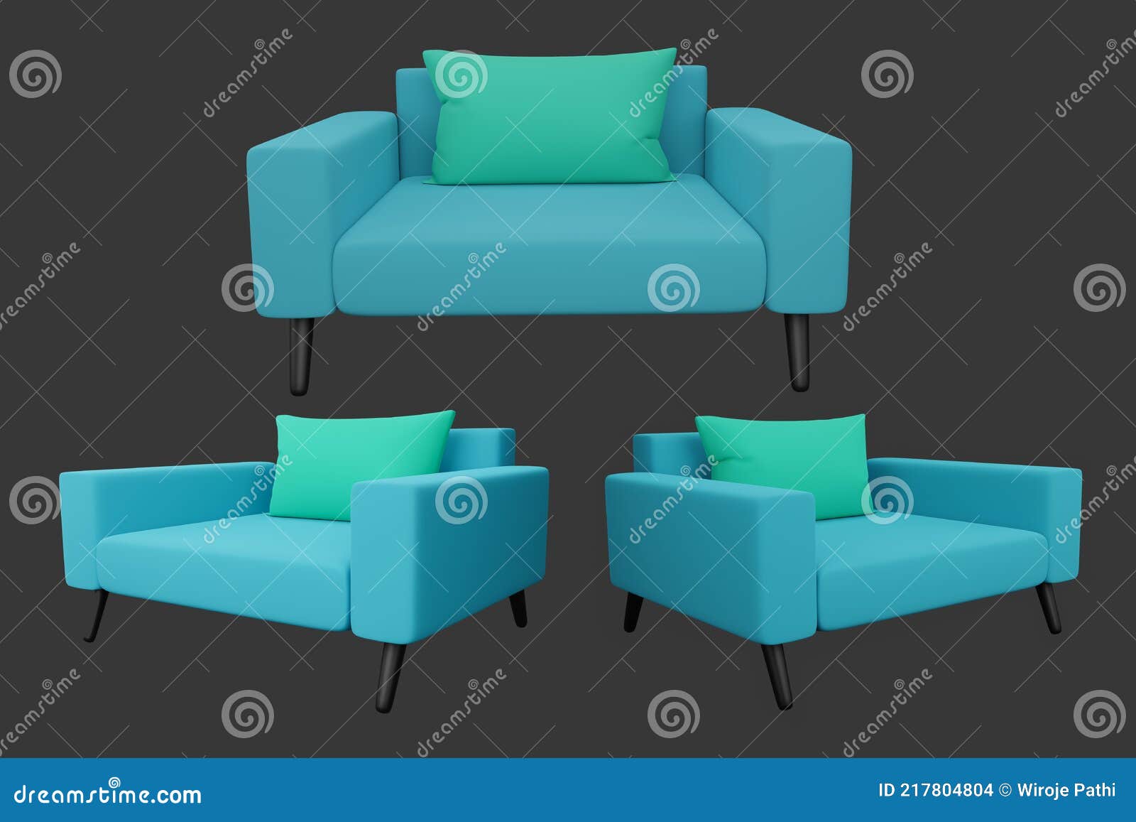 Blue Sofa with Green Pillows for Three Views Stock Illustration