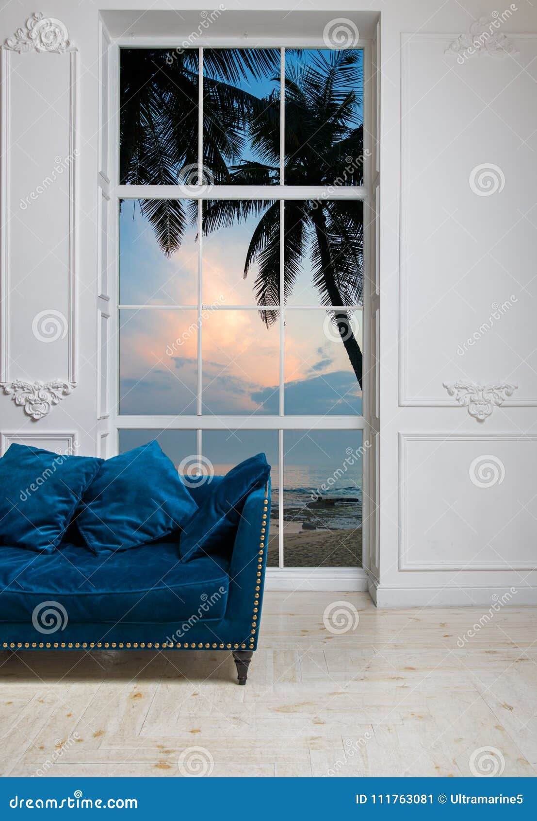 Blue Sofa in White Classic Living Room Stock Image Image of room