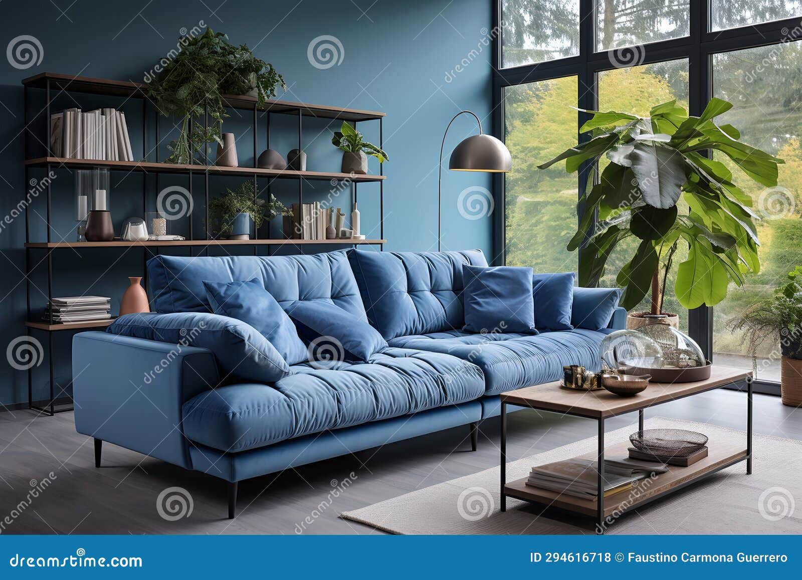 Blue Sofa and White Wall in Modern Living Room , Ia Generated Stock