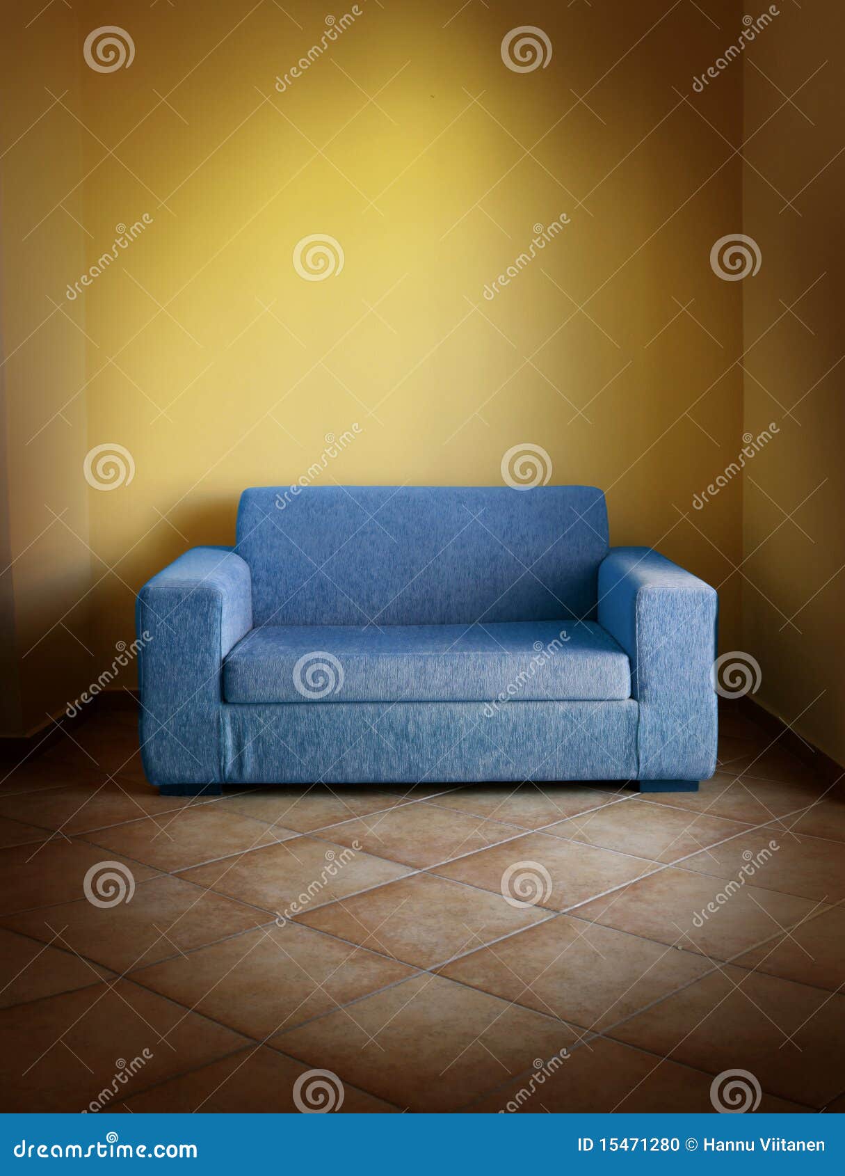 Blue sofa yellow wall stock photo. Image of room, space 15471280