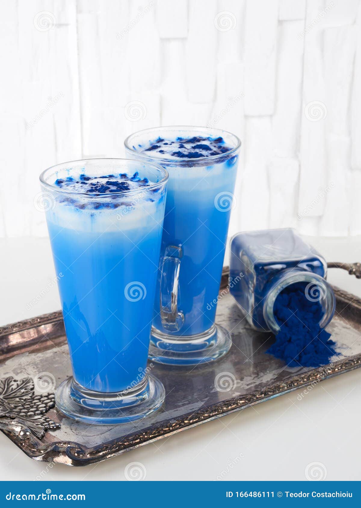 Blue Spirulina Latte on White Background, with Top Copy Space Stock