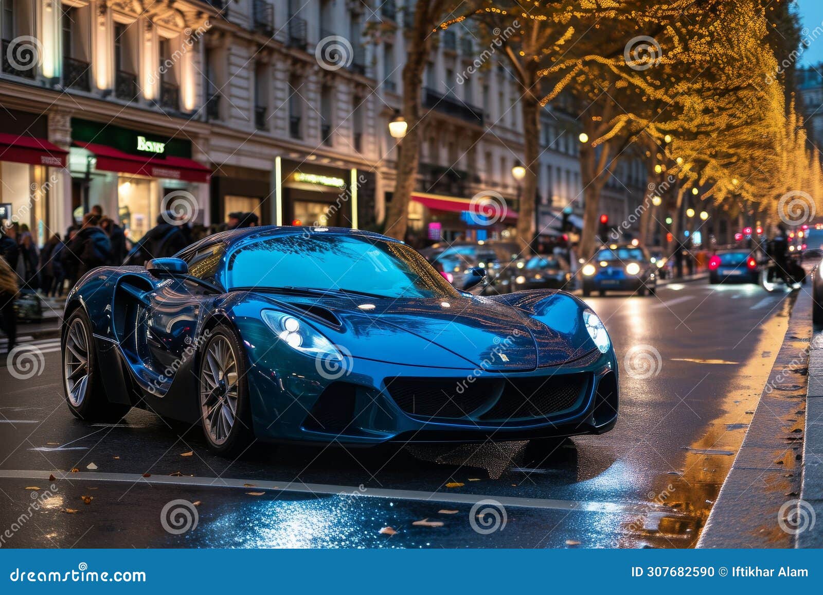a blue sports car is parked on the side of the road, its sleek  catching the eye of passersby, a shiny, blue sports car