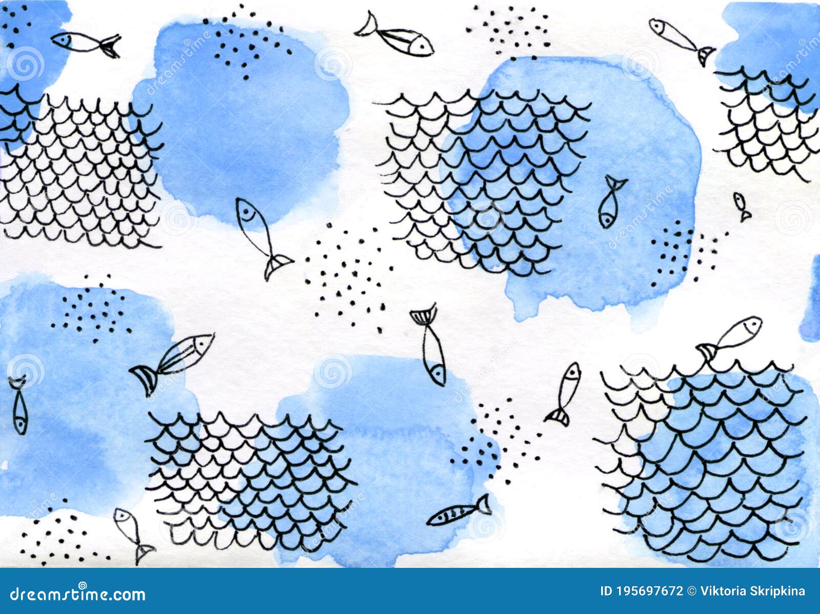 Blue Spots and Drawing by the Gel Pen Fishes and Fishing Net