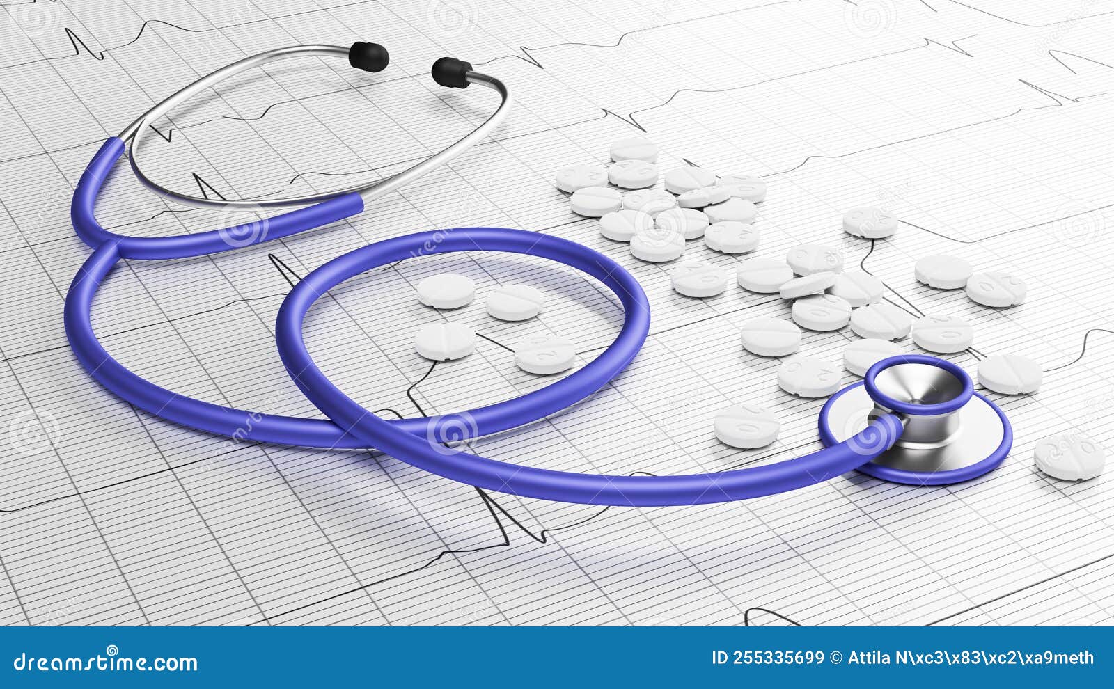 blue stethoscope and white tablets with electrocardiogram. ecg curve in the background.