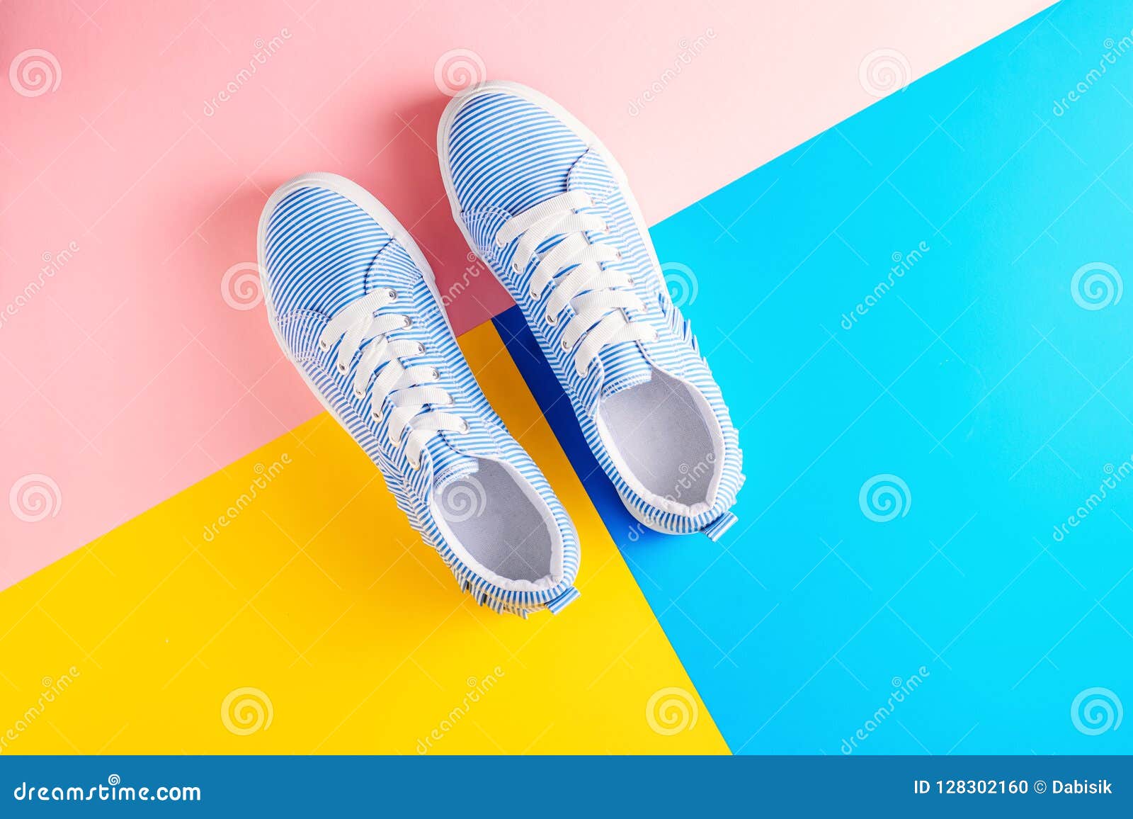 Blue Striped Female Sneakers on a Colorful Background Top View. Flat ...