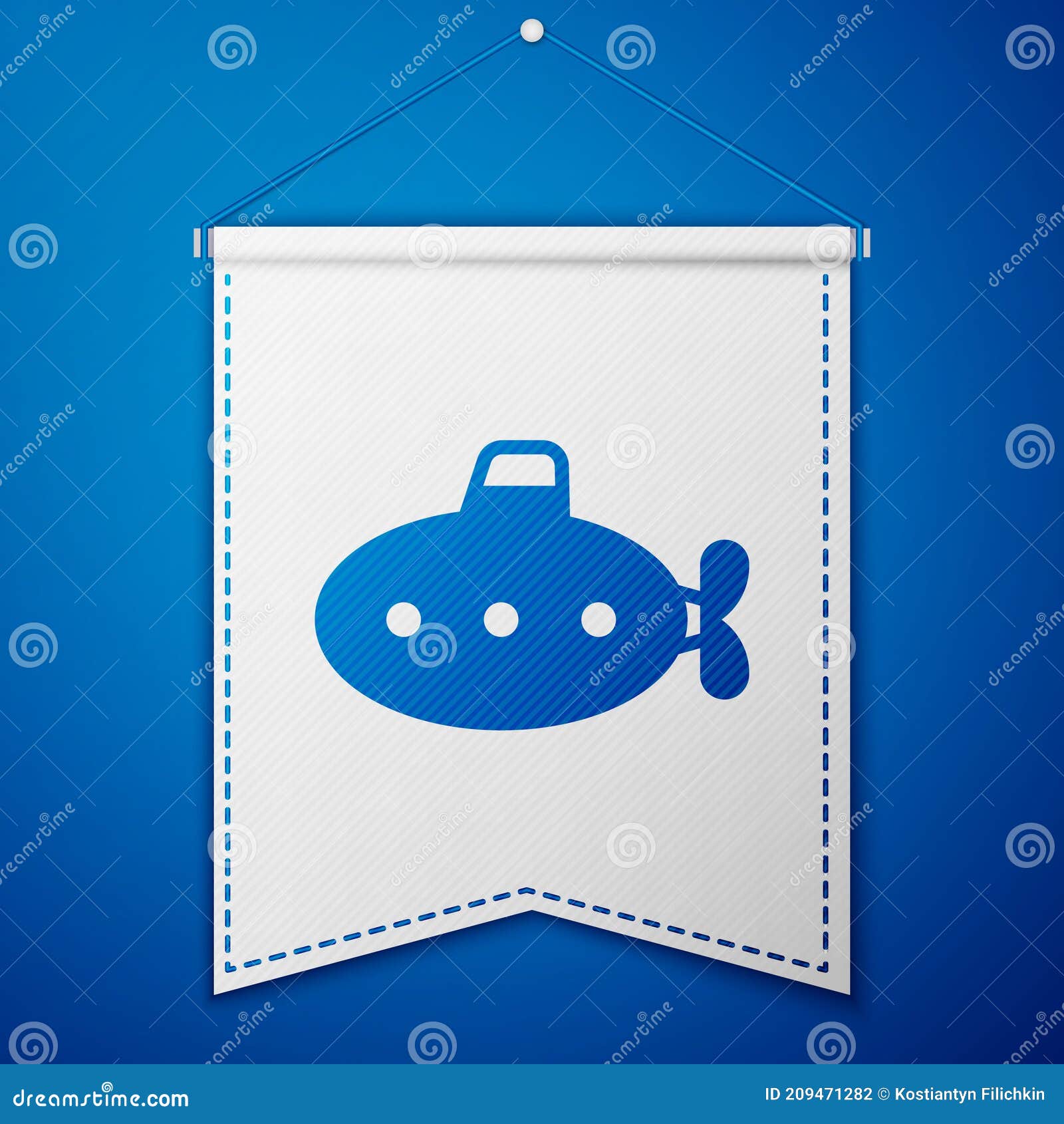 blue submarine toy icon  on blue background. white pennant template. 