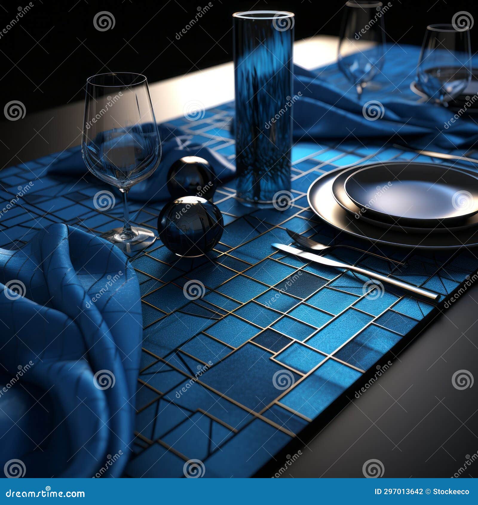 Blue Table Setting in Mosaicinspired Realism 3d Model of Dining Table