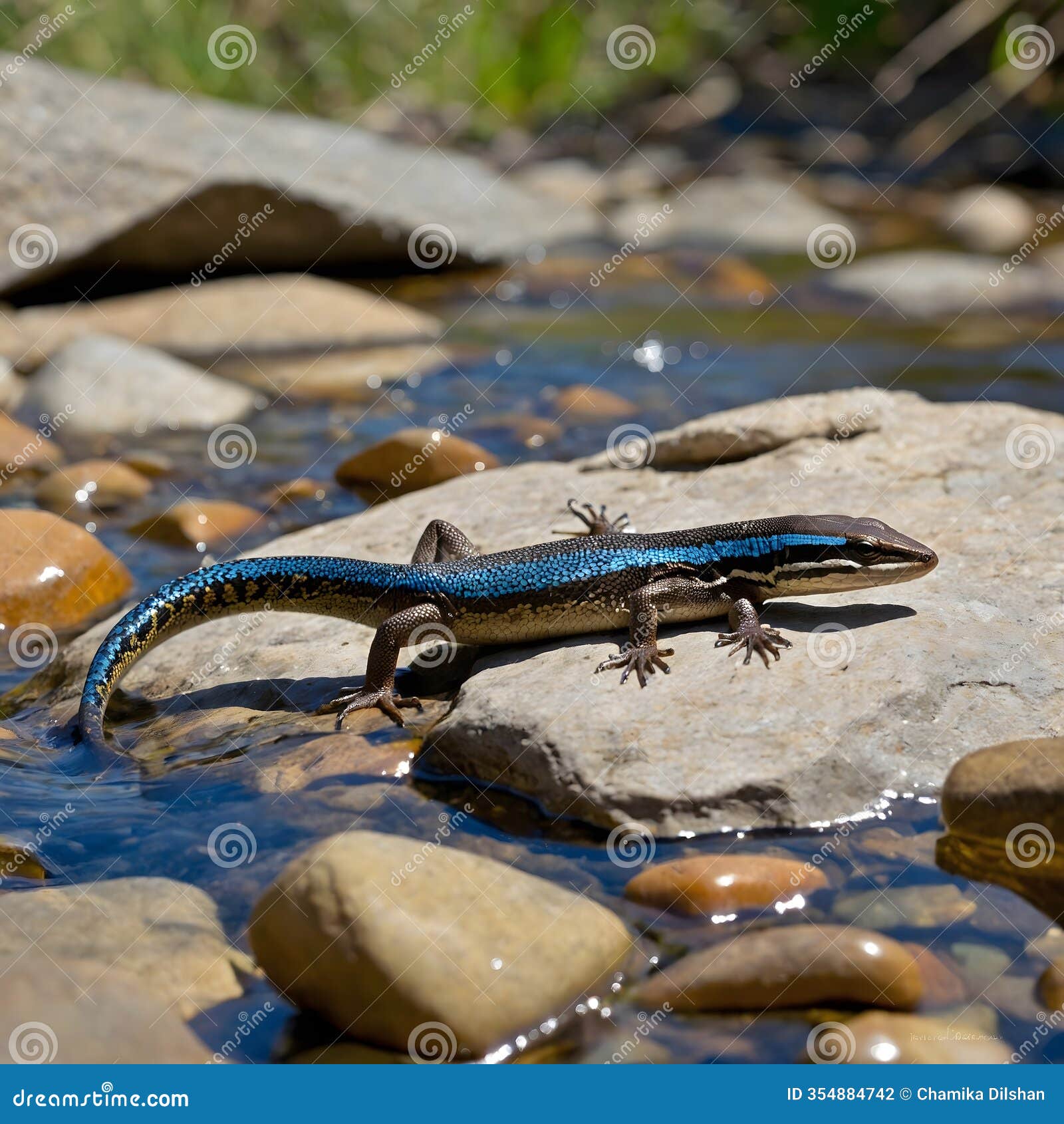 blue tailed skink basking on a warm rock beside a serene stream