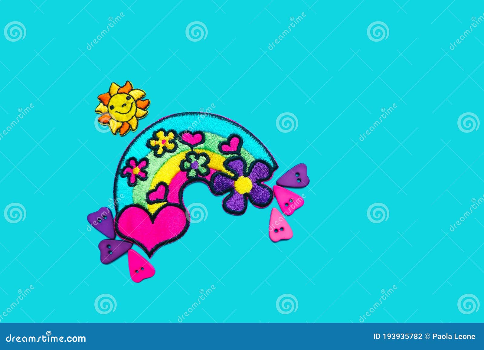 Blue Teal Rainbow Floral Background Illustration with Hearts and Sun ...