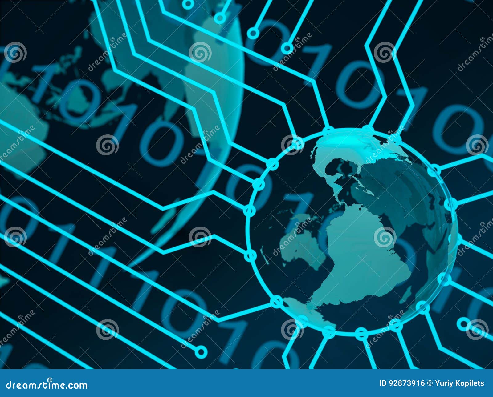 Blue technology background, circuit board planet earth, digits. 3D illustration