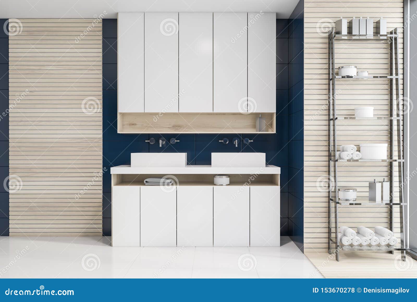 Blue Tile And Wood Bathroom Sinks And Rack Stock Illustration