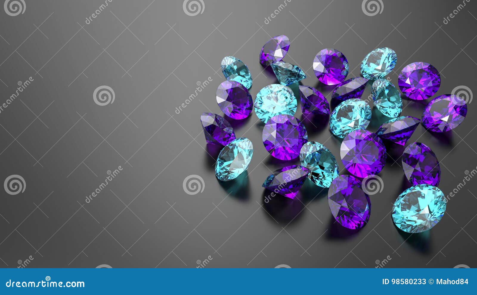 Blue Topaz And Amethyst Diamonds On A Black Background. Stock