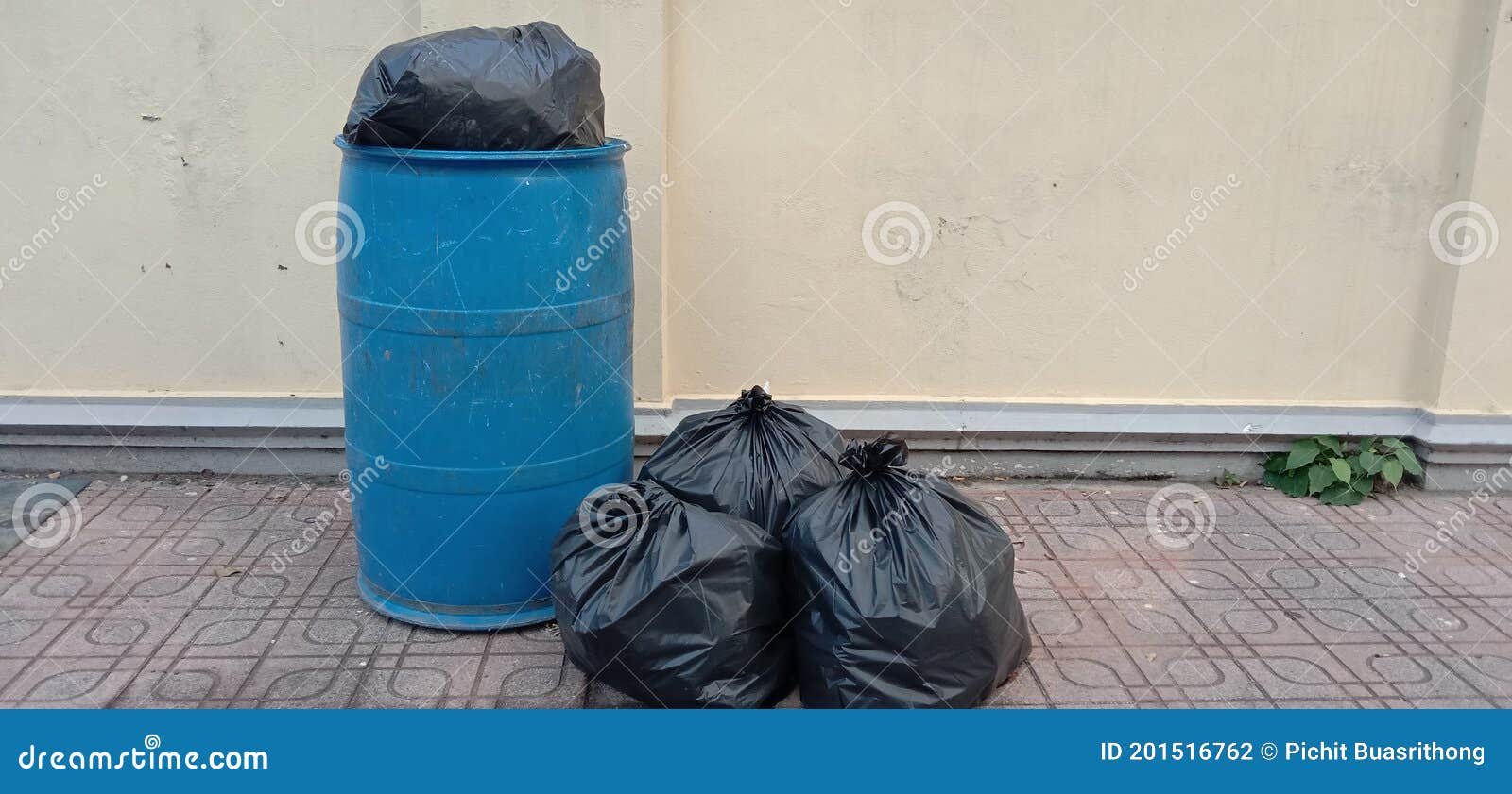 Blue Trash and Black Bags for Rubbish on the Foot Stock Photo Image
