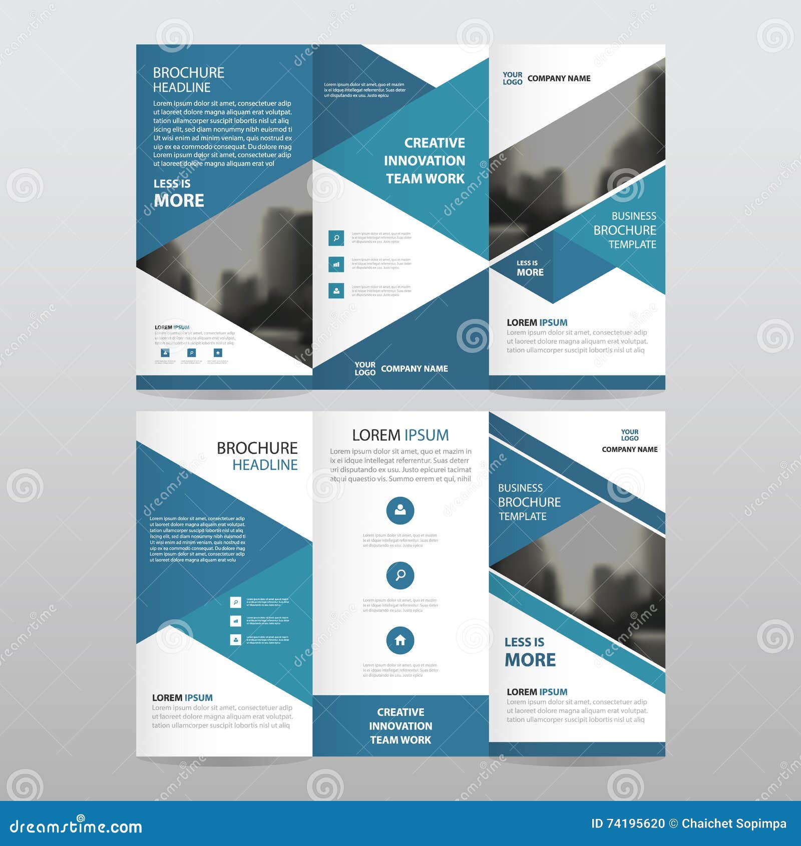 blue triangle business trifold leaflet brochure flyer report template  minimal flat  set, abstract three fold