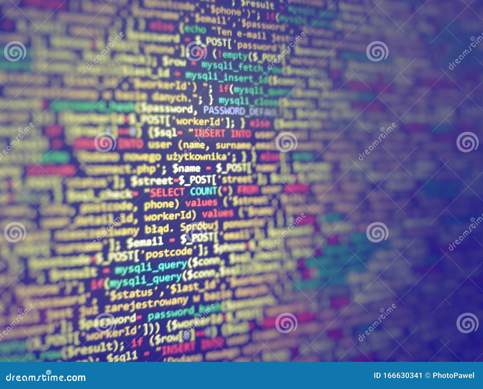 Blue Unique Background. Programming PHP on Laptop Computer Screen ...