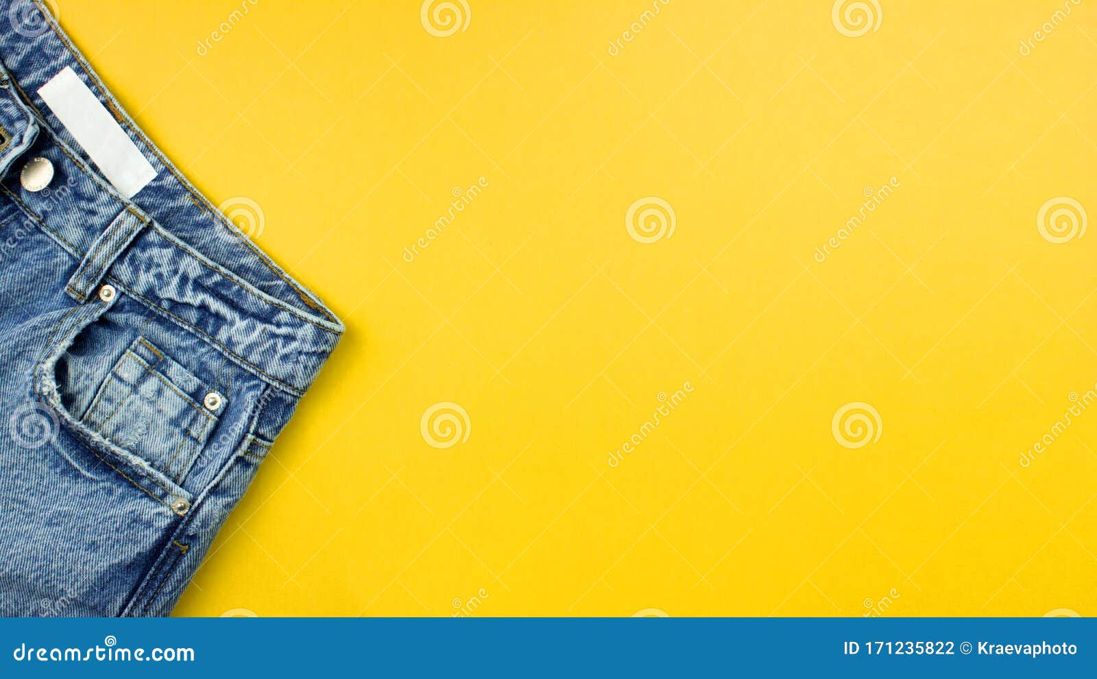 Blue Unisex Jeans Flat Lay on Colorful Yellow Background with Copy Space.  Everyday Fashion Clothes. Web Banner Template Stock Photo - Image of  lifestyle, blank: 171235822