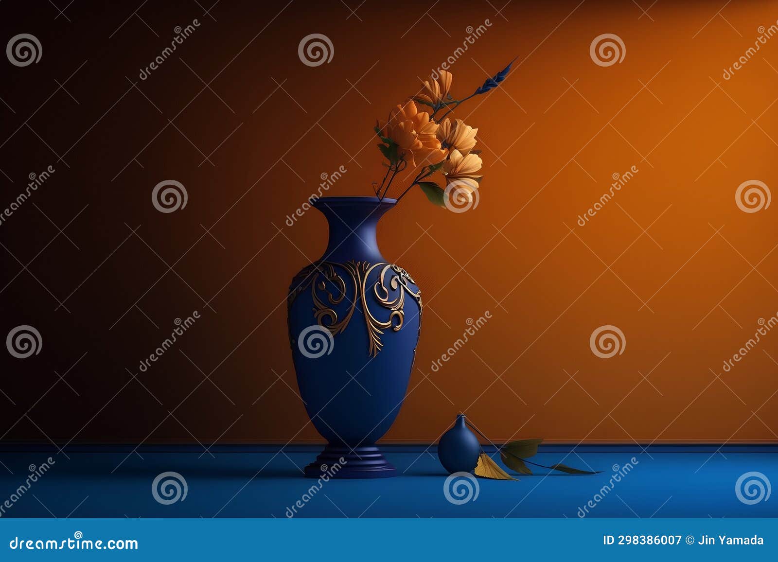 Blue Vase with Yellow Flowers on Orange Background. 3d Render Stock