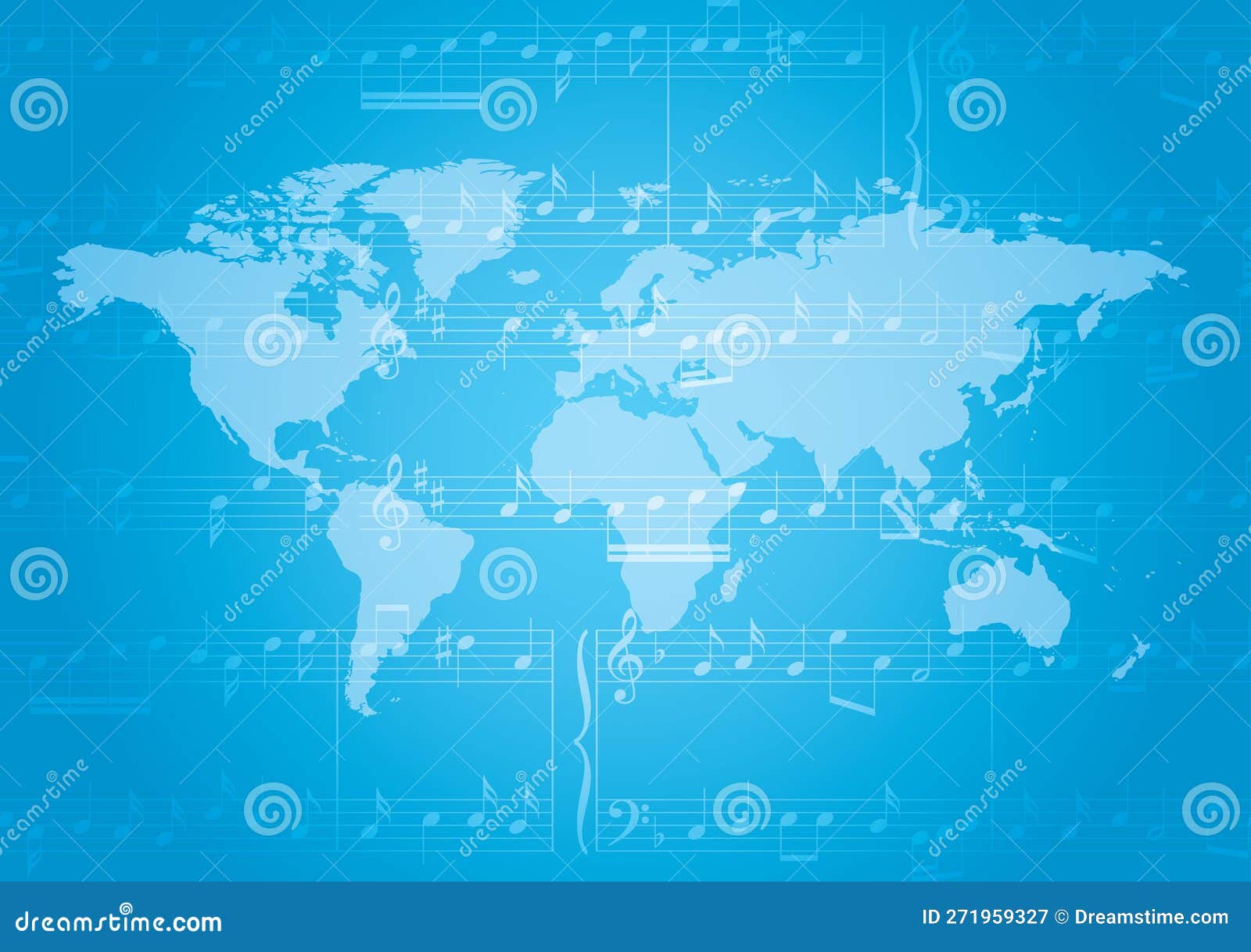 Blue Vector Banner with Music Notes and Light Colored World Map