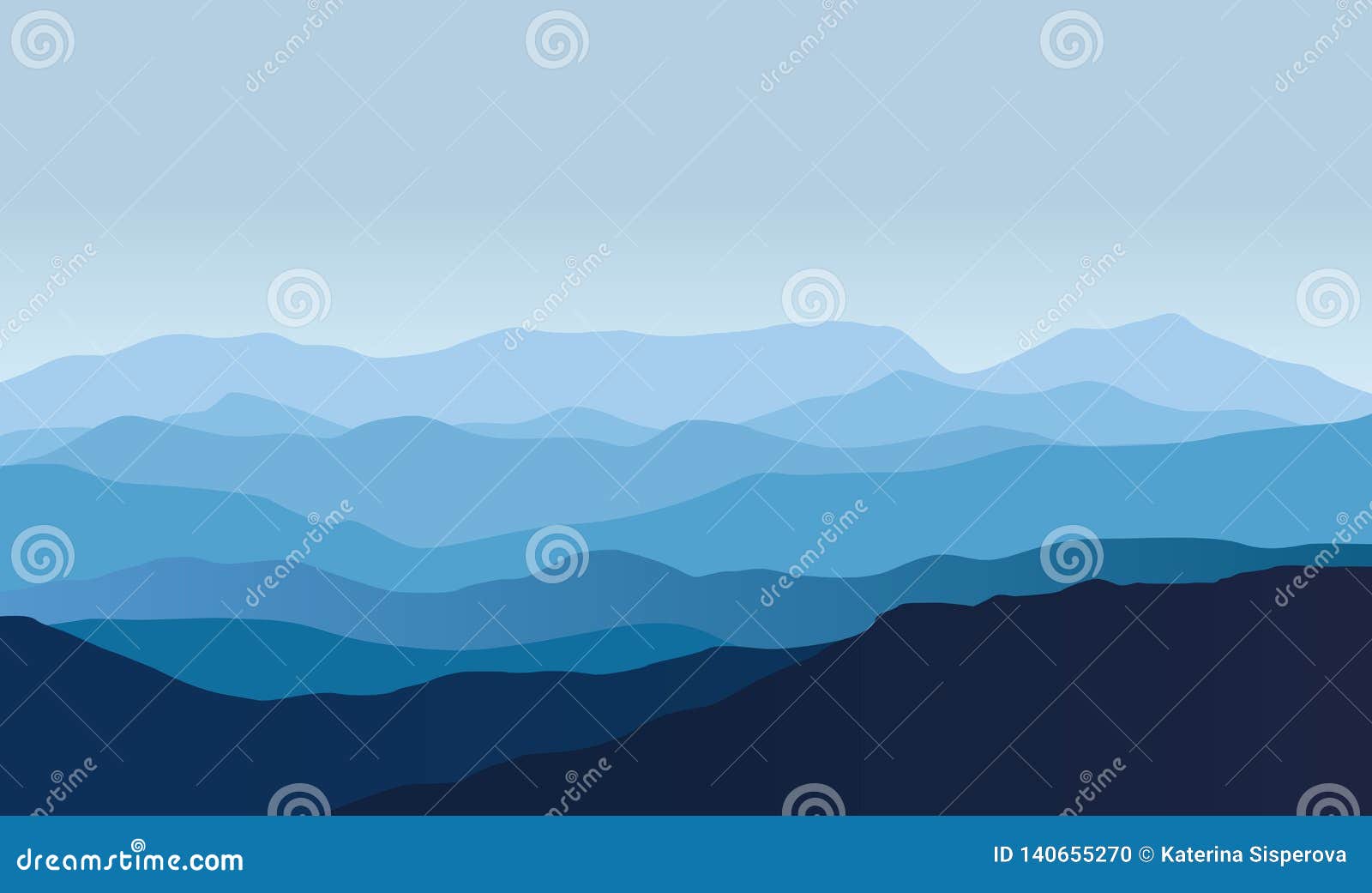 blue  landscape with silhouettes of misty mountains