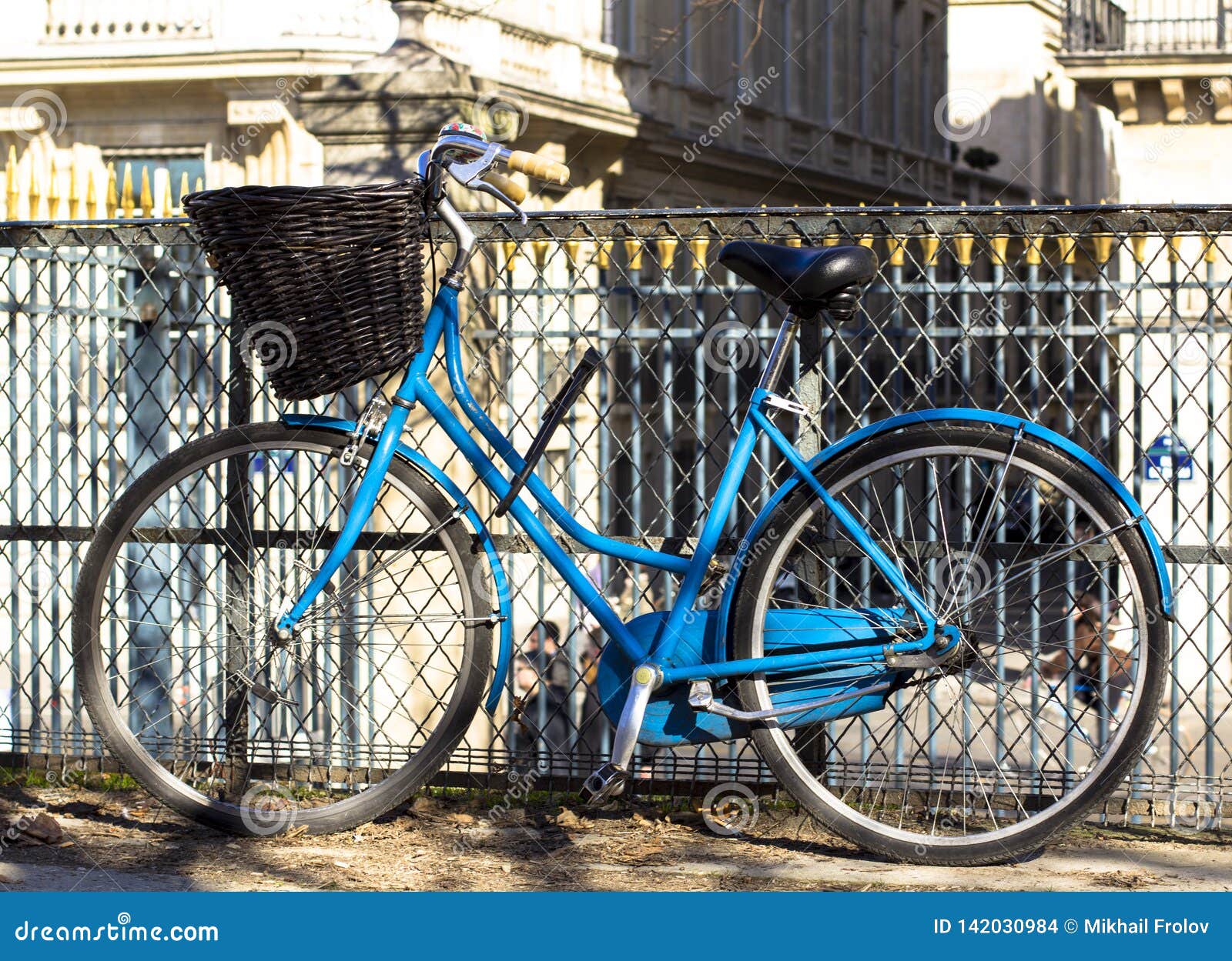 Blue Vintage Bicycle with Basket at the Fence Stock Photo Image of