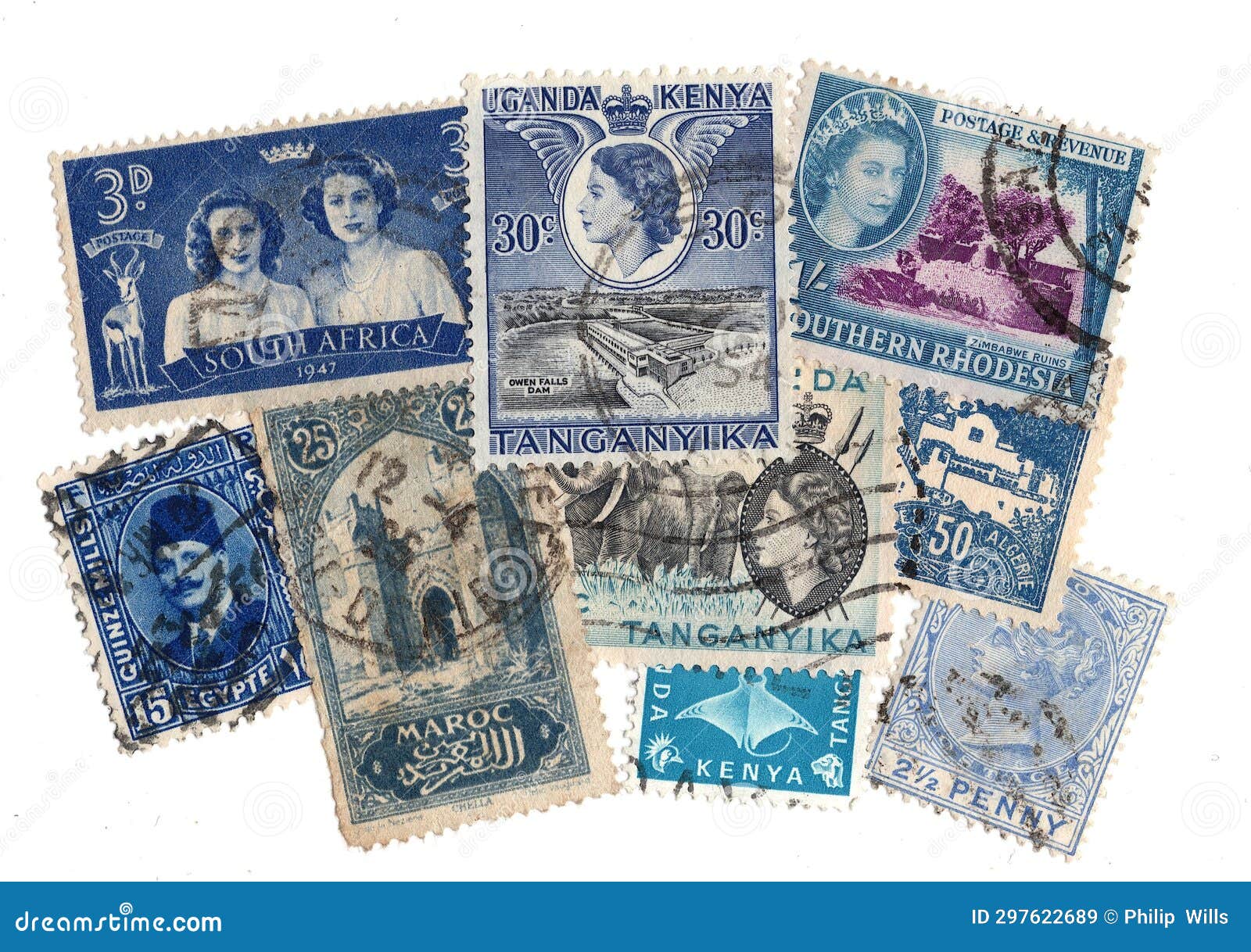 Blue Vintage Postage Stamps from Around the World. Stock Image - Image
