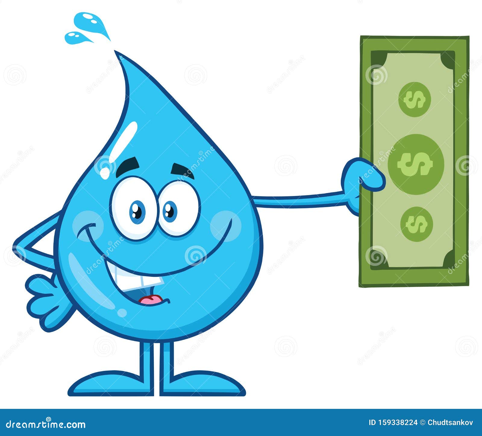 Blue Water Drop Cartoon Mascot Character Holding A Dollar Bill Stock Vector Illustration Of Happy Cold