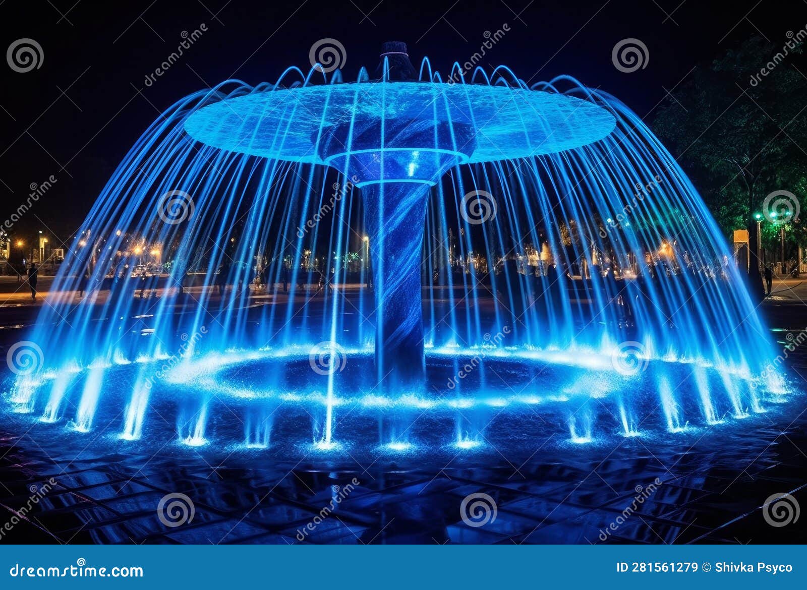 Blue Water Fountain with LED Lights at Night View Generative AI Stock