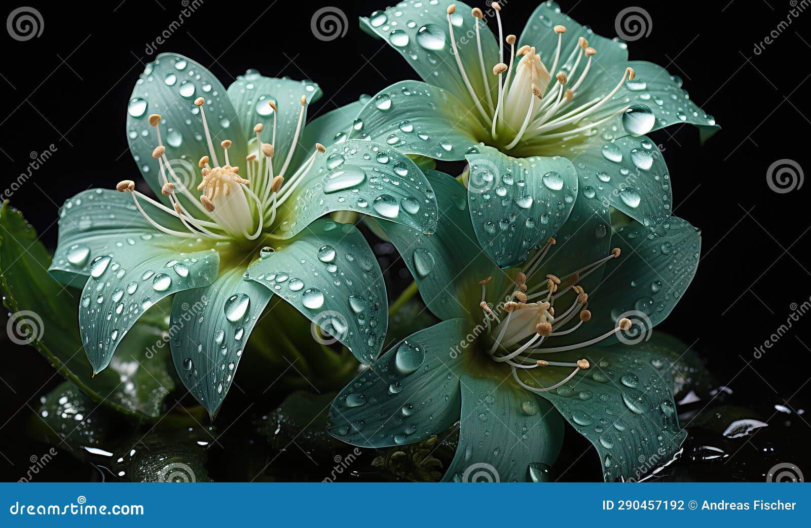 Blue Water Lilies with Water Drops on Petals and Leaves. Stock Photo