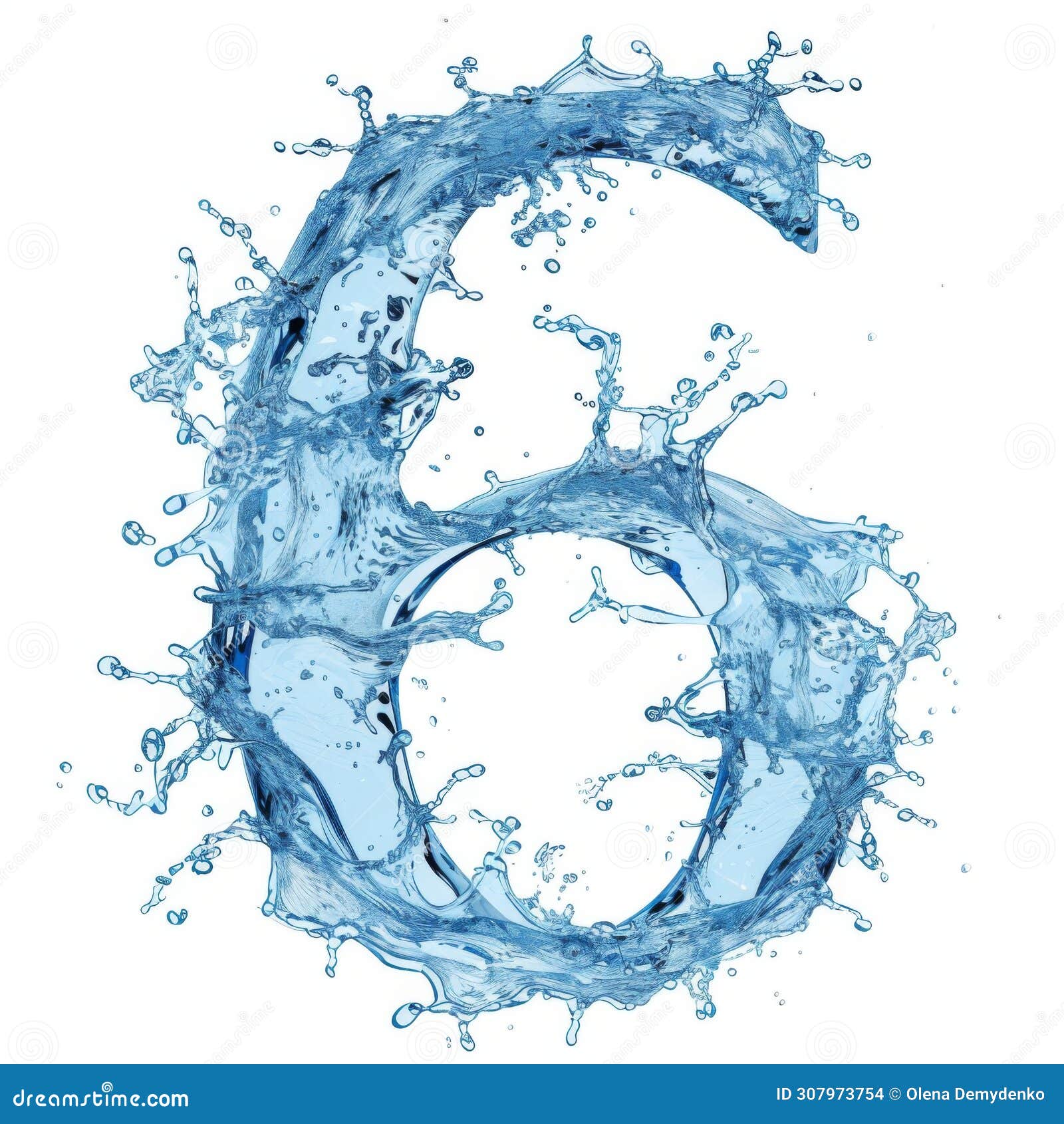 blue water splash alphabet  on white background. stylized font, capital number 6. text made of water splashes
