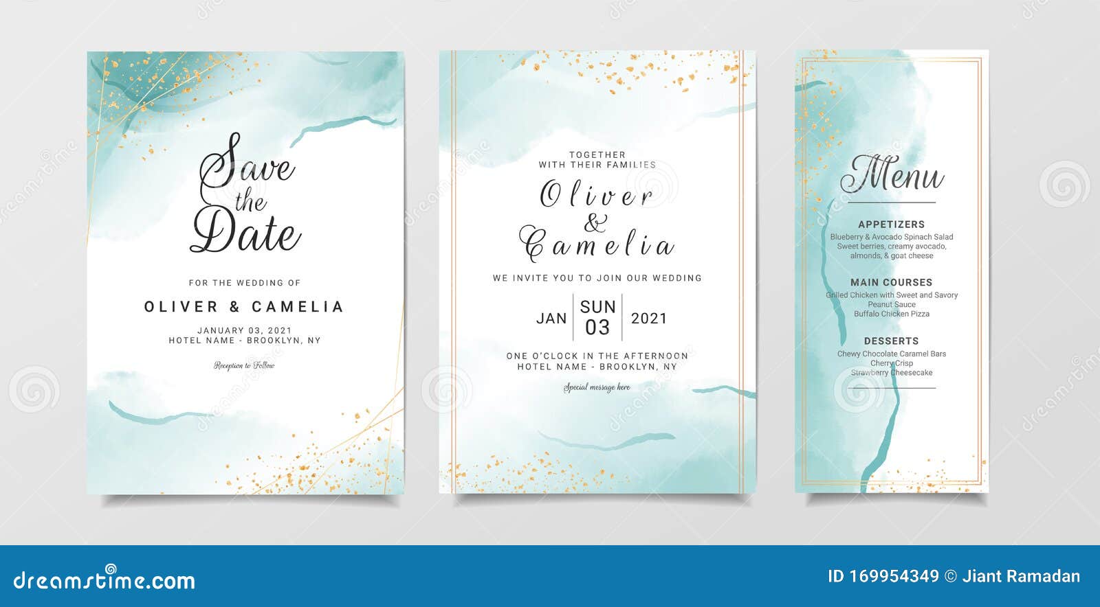 blue watercolor wedding invitation card template set with gold glitter and line decoration. abstract background save the date,