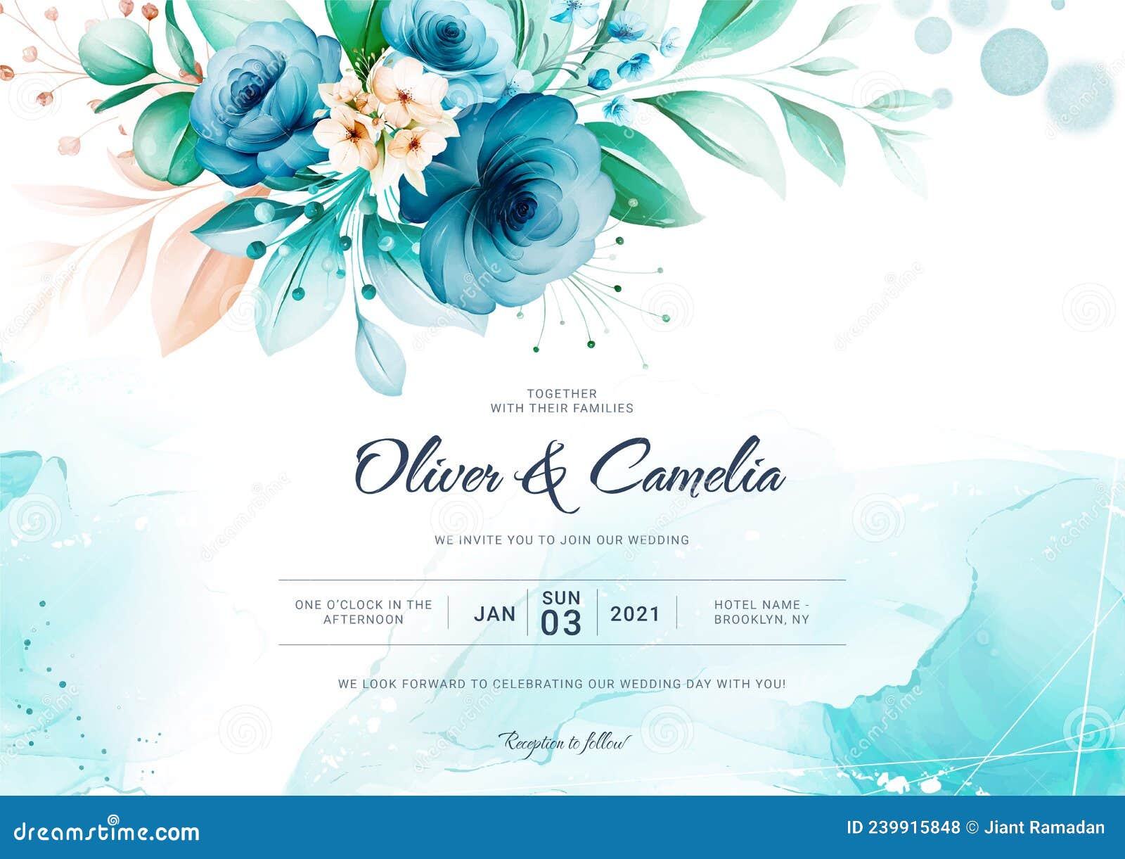 Blue Wedding Invitation Card with Watercolor Floral Decoration and Abstract  Background Landscape Stock Vector - Illustration of cover, drawing:  239915848
