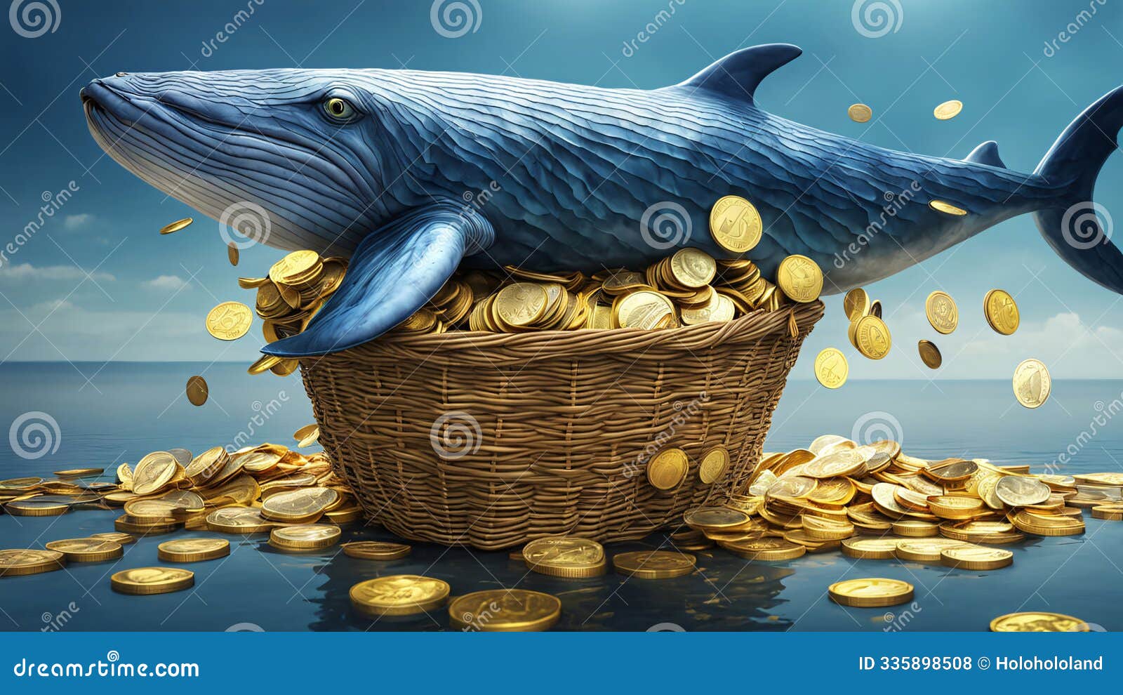A blue whale is lying on a gold coin in a basket on the ocean. AI Generated