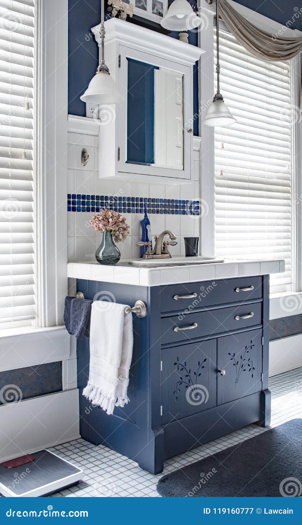 Blue White Bathroom Vanity Area With Dresser Editorial