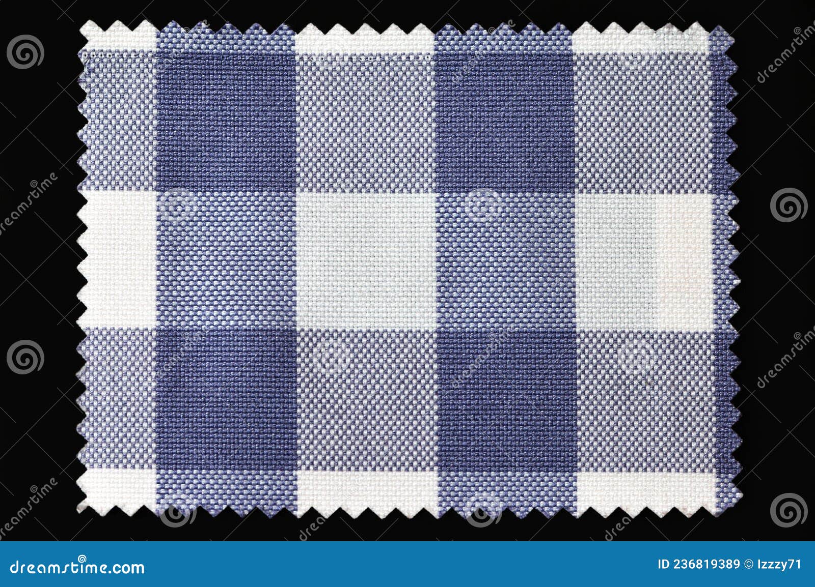 Blue and White Checkered Fabric Sample Isolated on Black Background