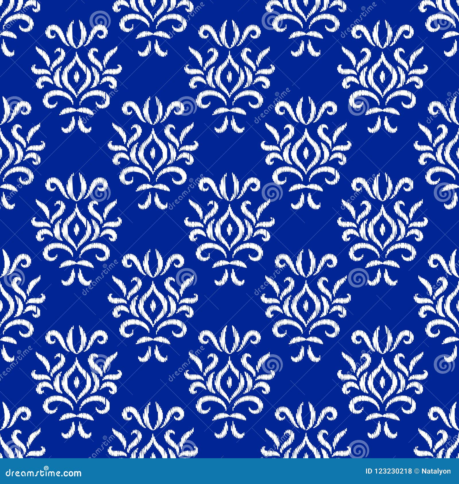 Blue and White Damask Ikat Ornament Geometric Floral Seamless Pattern