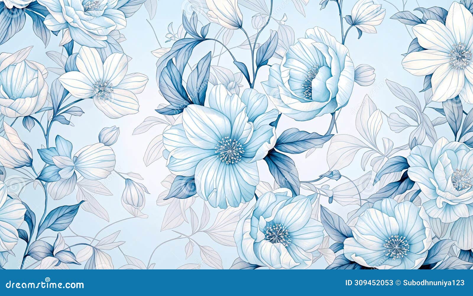 Blue and White Floral Pattern Background on Light Blue Background Stock