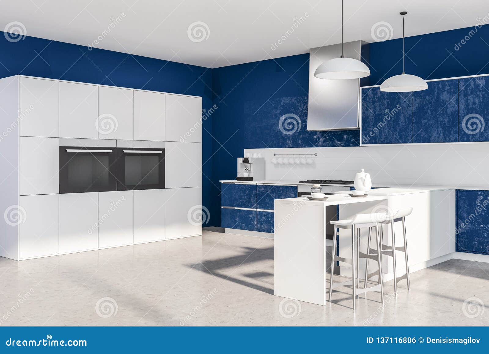 Blue And White Kitchen Corner Stoves Stock Illustration