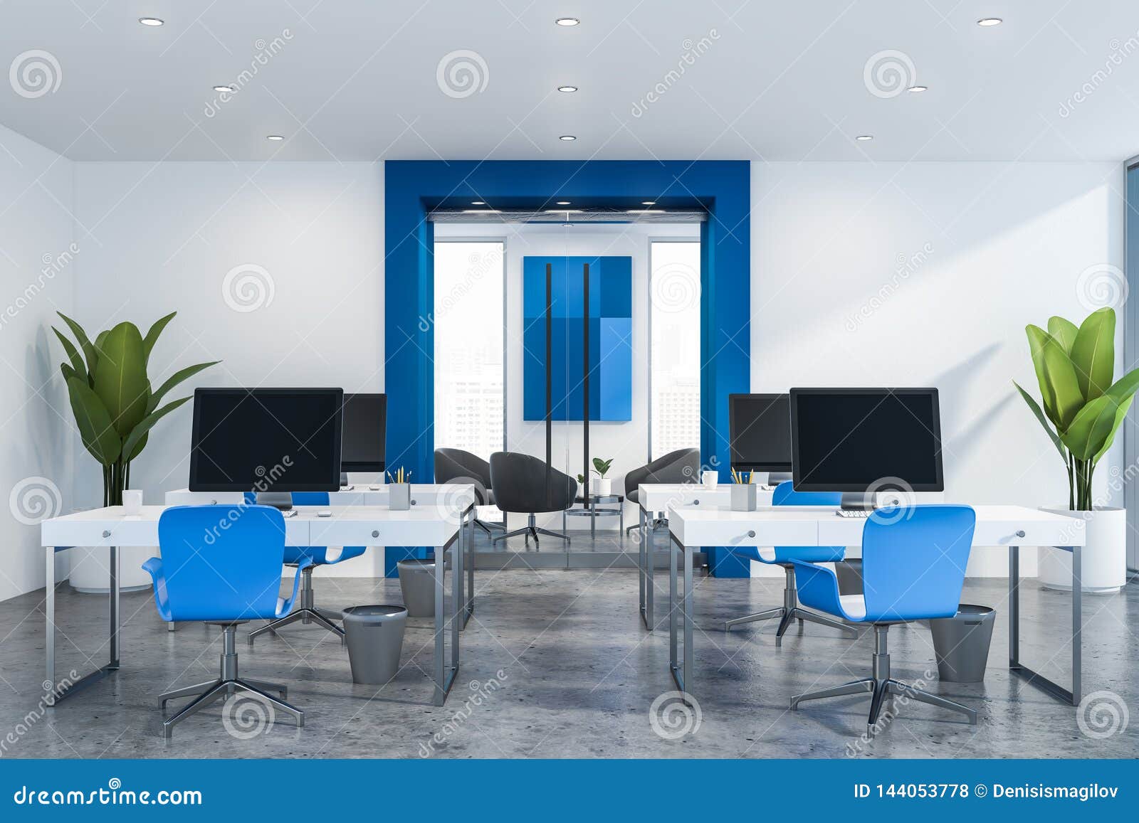 Blue and White Open Space Office Stock Illustration - Illustration of  contemporary, furniture: 144053778