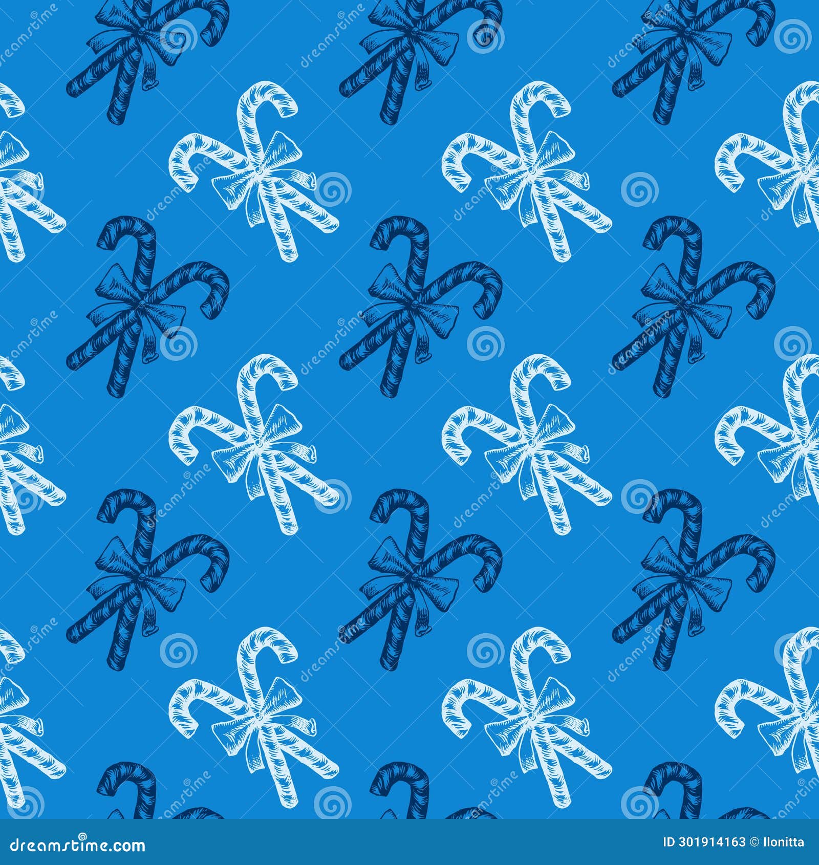 Blue and White Peppermint Candy Cane Stick with Bow Vector Seamless