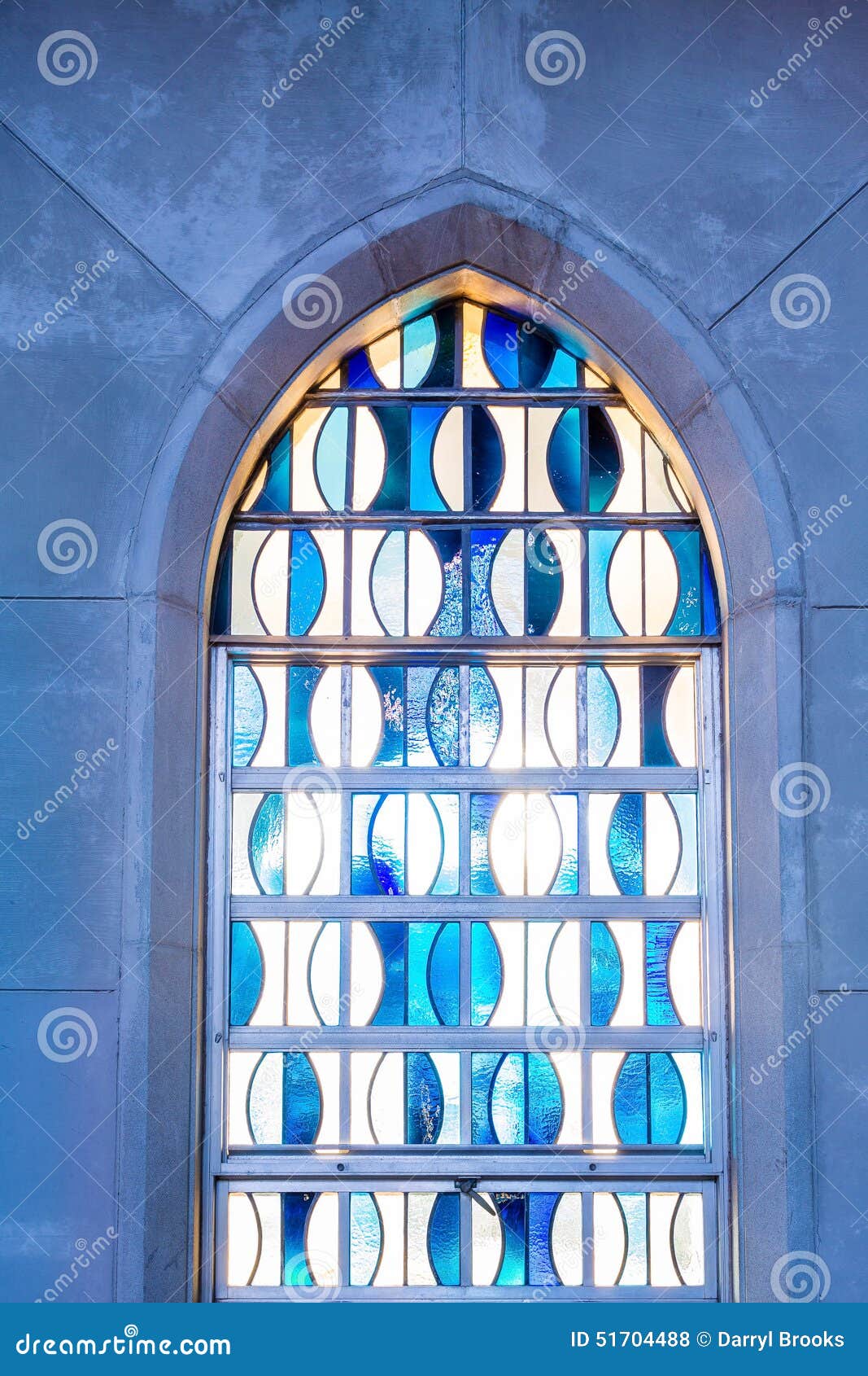 Blue and White Stained Glass in Arched Window Stock Photo Image of