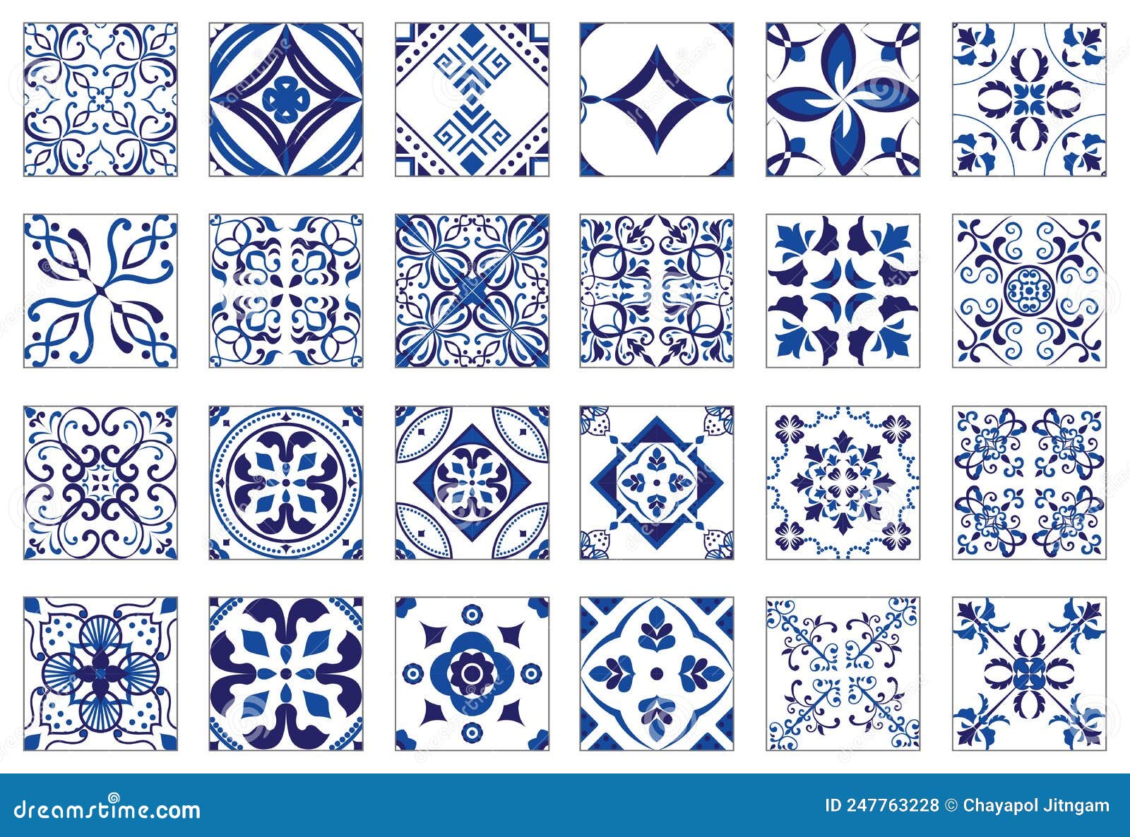 Blue and White Tile. Seamless Patterns Set Stock Vector Illustration