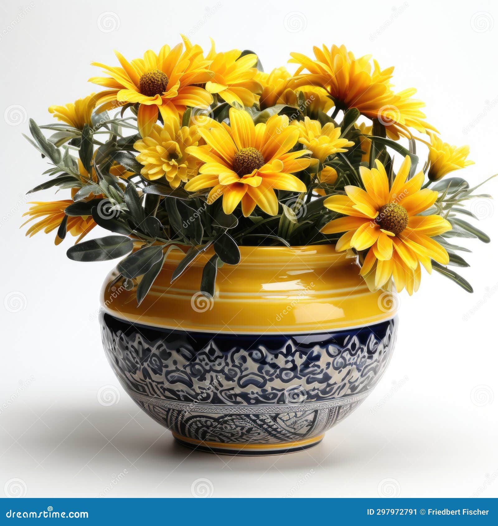 A Blue and White Vase Filled with Yellow Flowers Stock Image Image of head, nature 297972791