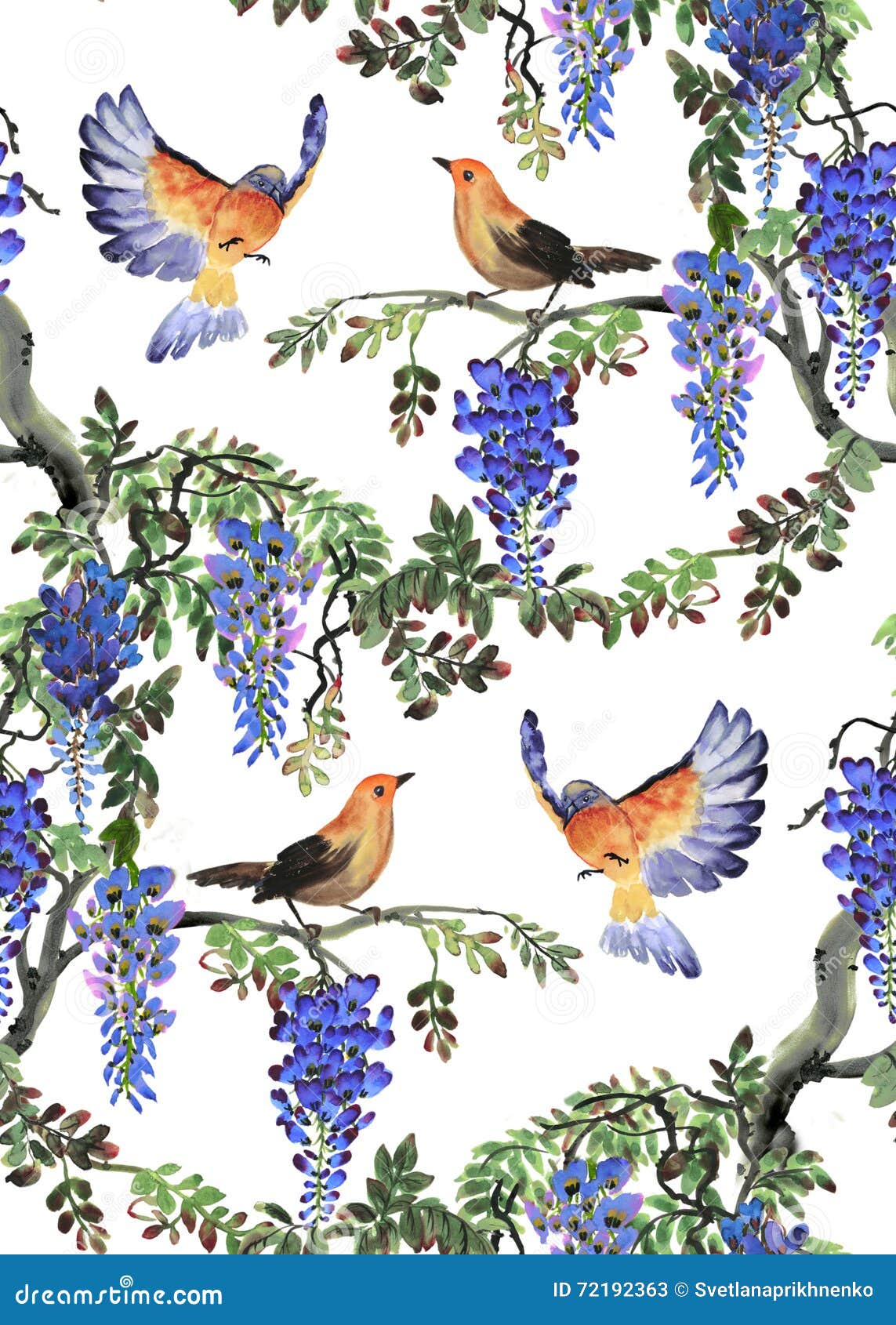 Blue Wisteria Tree and Birds Stock Illustration - Illustration of ...