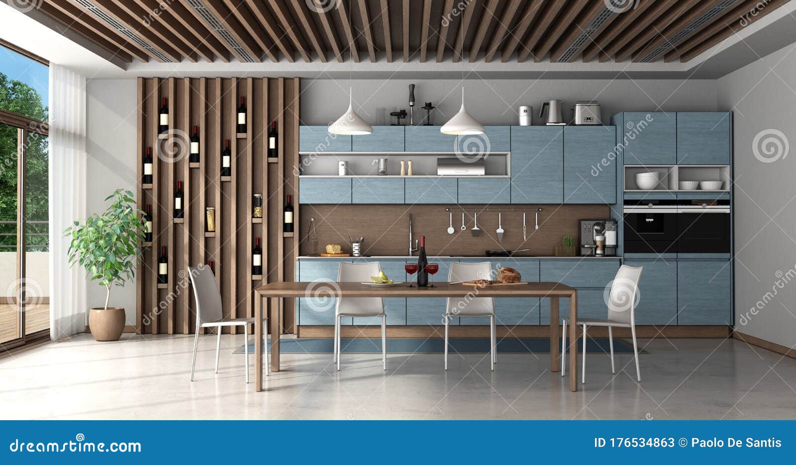 Blue and Wooden Kitchen with Dining Table Stock Illustration