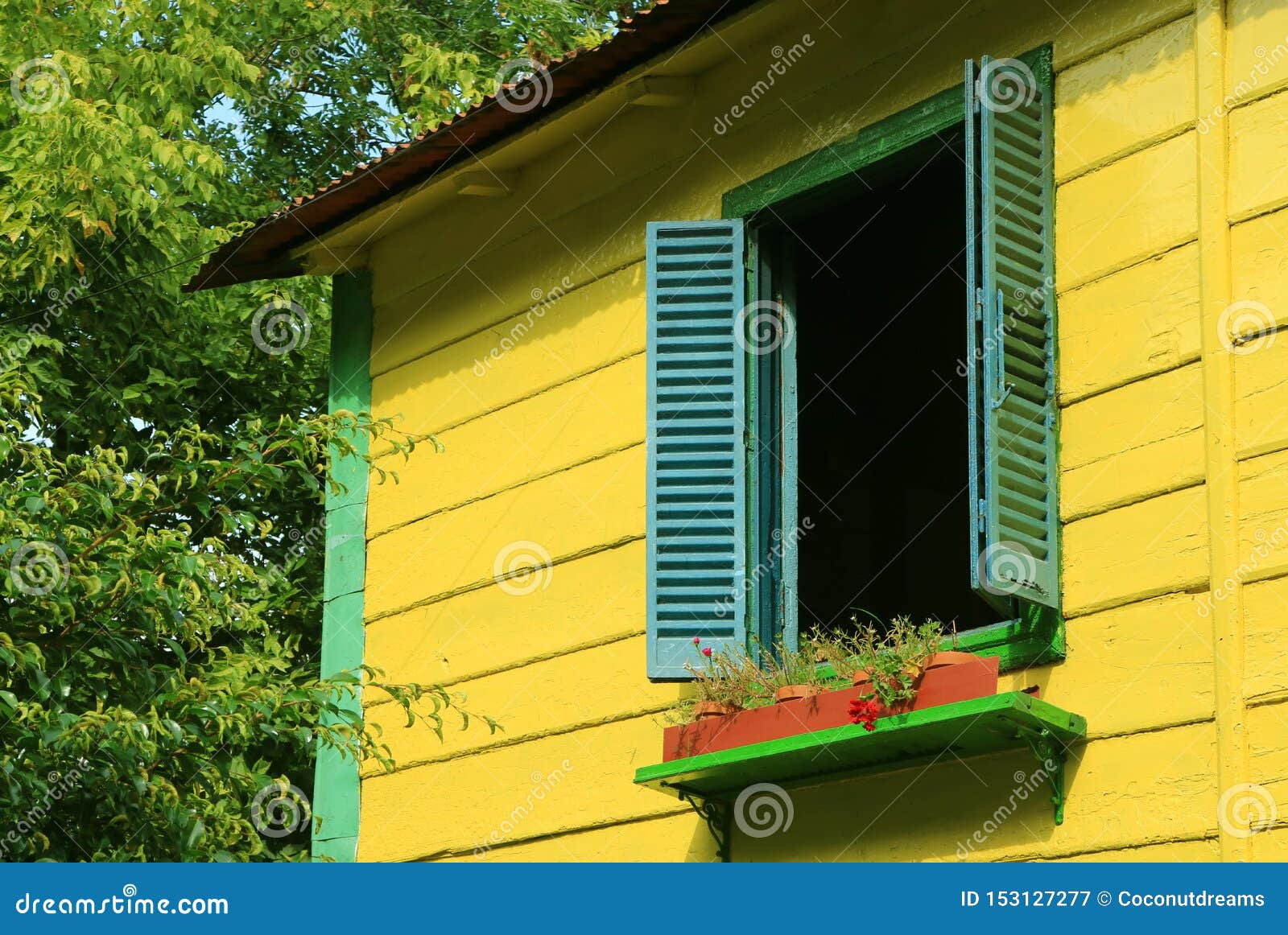 Blue Wooden Window Shutters On Vivid Yellow House Among Green Foliage In  Sunlight Stock Image - Image Of Bright, Lush: 153127277