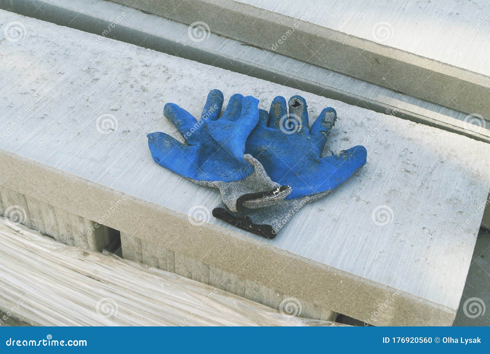 Blue Working Gloves for Concrete Slab Construction Stock Photo Image
