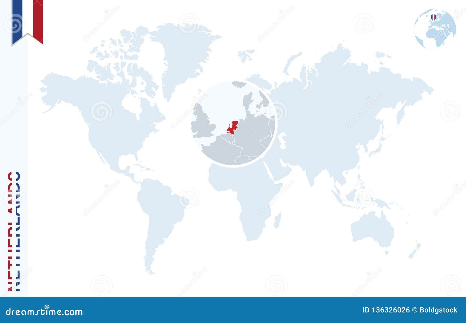Blue World Map With Magnifying On Netherlands Stock Vector