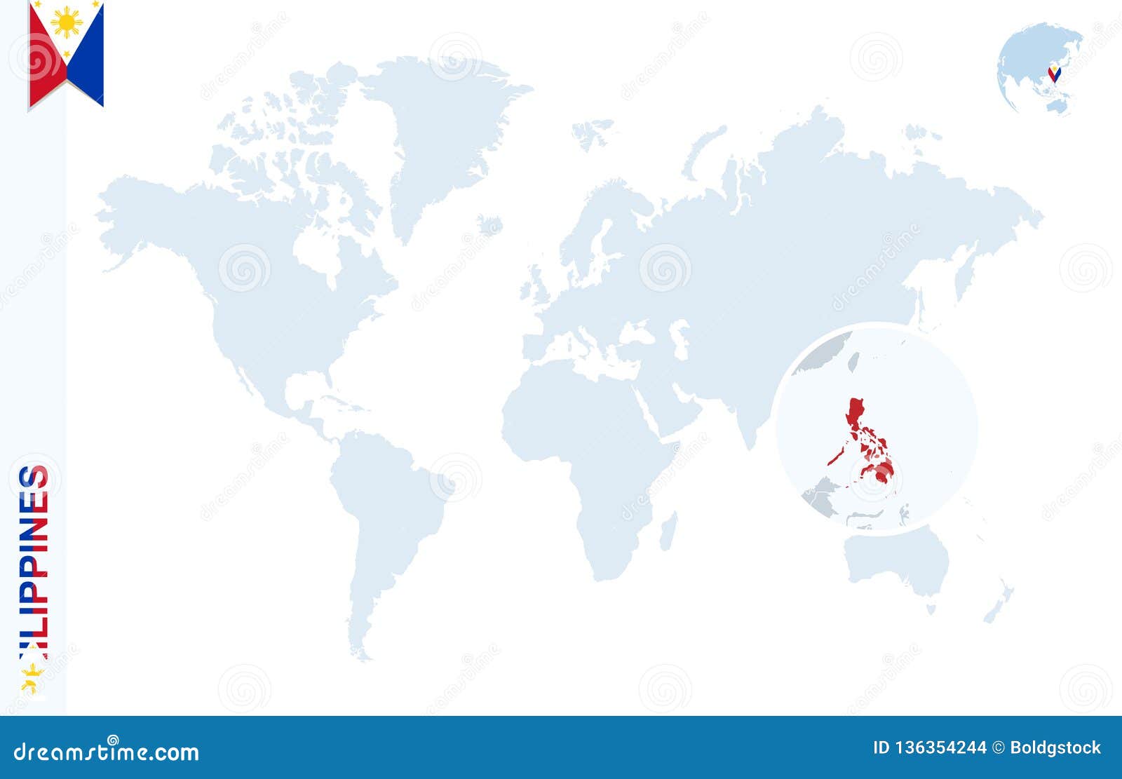 Blue World Map With Magnifying On Philippines Stock Vector