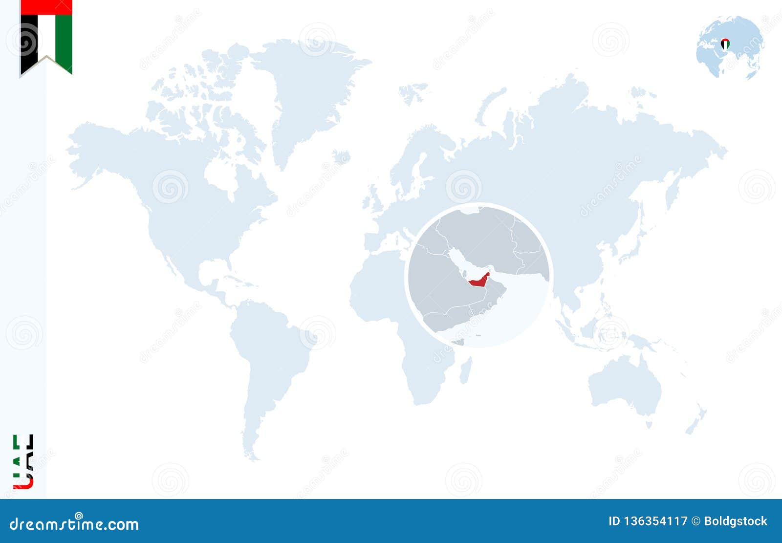 Blue World Map With Magnifying On United Arab Emirates Stock