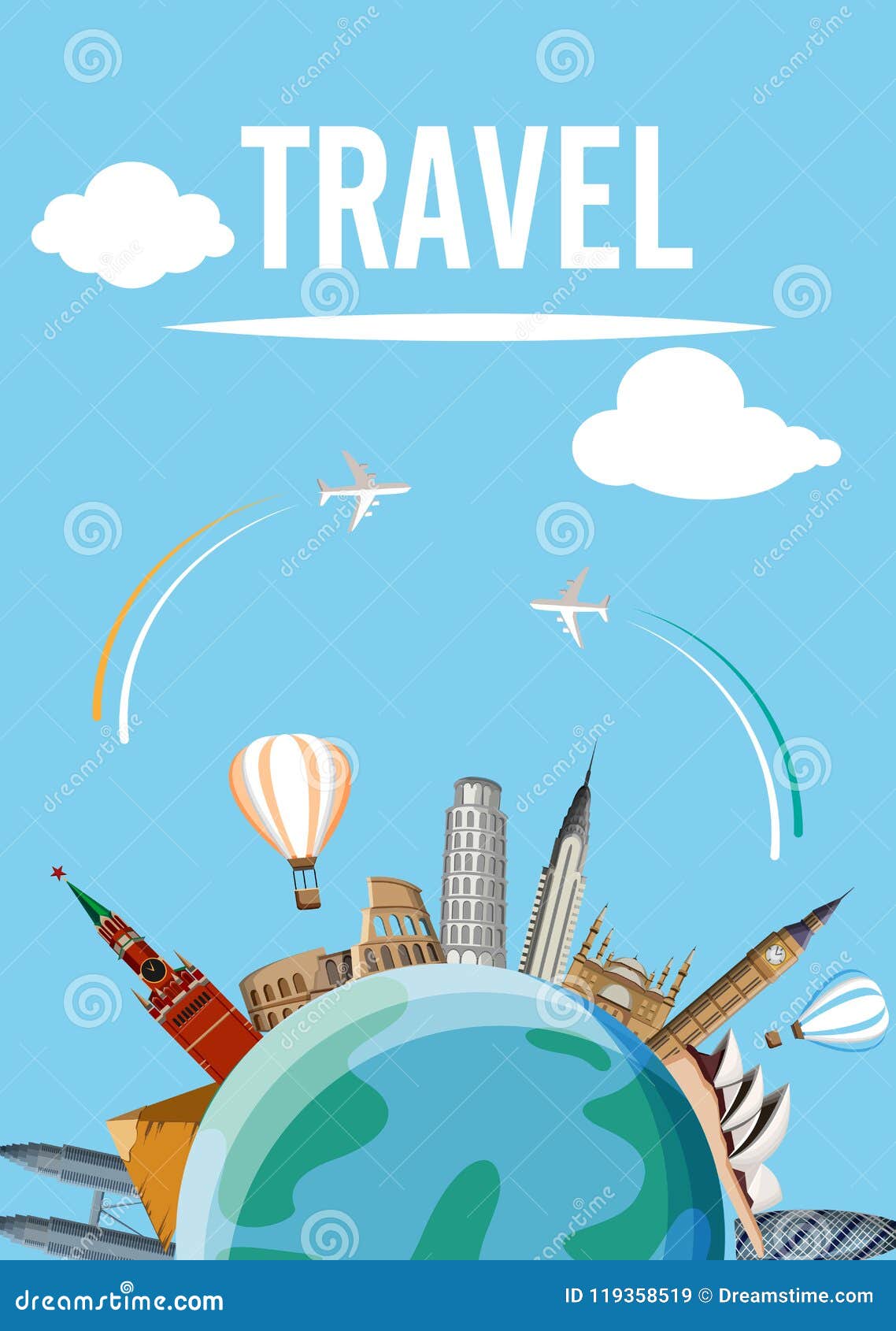 World Travel Card with Worldwide Sights and Planes. Stock Vector ...